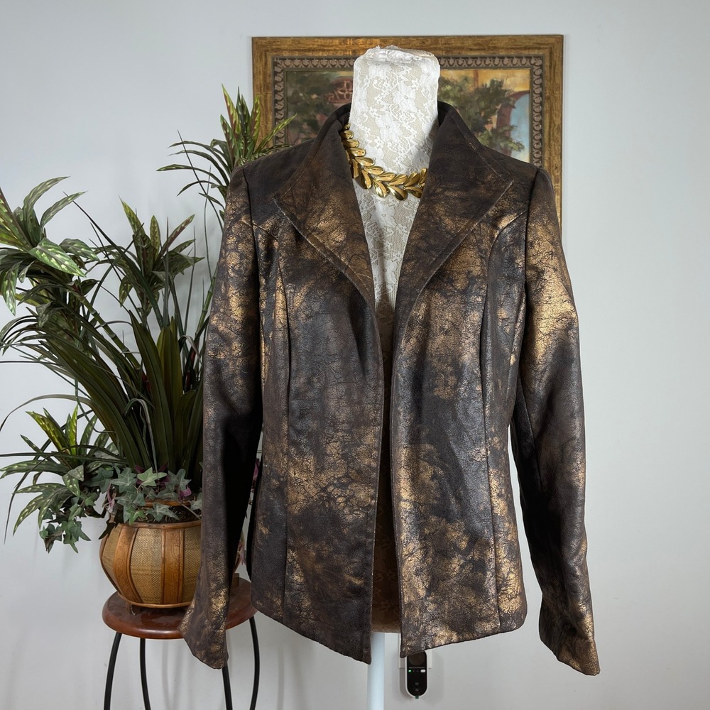 Investments Blazer Jacket Womens 8 Brown Gold Polyester Metallic Faux Leather